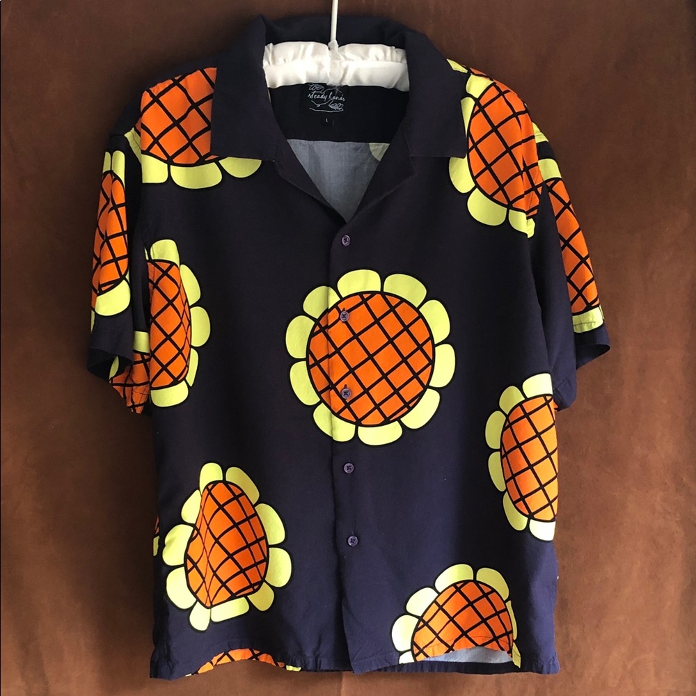 Navy Short-Sleeve Button Shirt with Orange Floral Medallions - Casual Mens